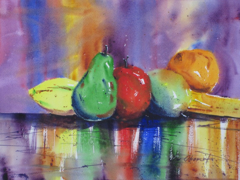 still life, fruit, lemon, pear, apple, orange, banana, original watercolor painting, oberst